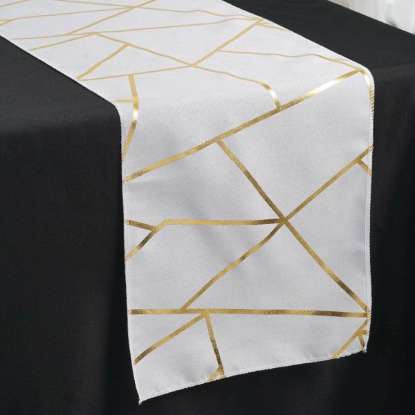 Polyester Runners |  9ft White Gold Foil Geometric Pattern Polyester Table Runner