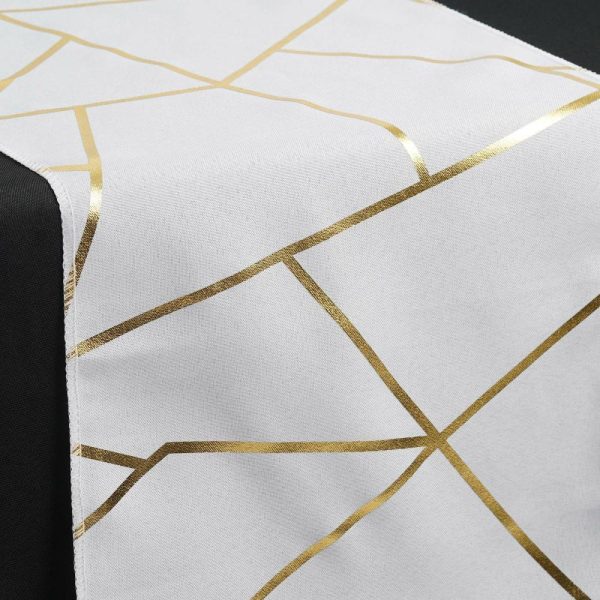 Polyester Runners |  9ft White Gold Foil Geometric Pattern Polyester Table Runner