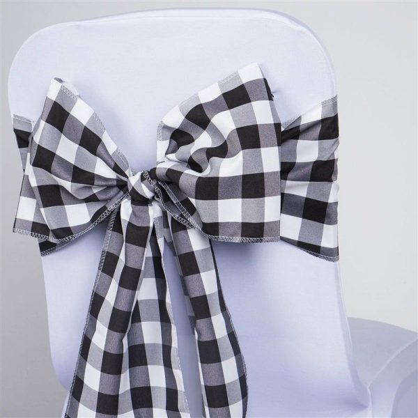 Polyester & Taffeta Sashes |  5 Pack 6″x108″ Black White Buffalo Plaid Checkered Chair Sashes