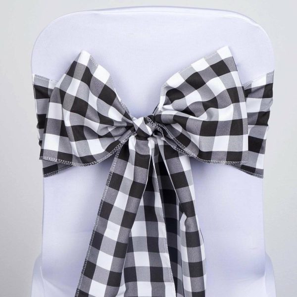 Polyester & Taffeta Sashes |  5 Pack 6″x108″ Black White Buffalo Plaid Checkered Chair Sashes