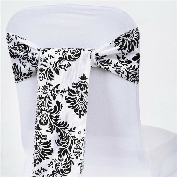 Polyester & Taffeta Sashes |  5 Pack 6″x108″ Black White Taffeta Damask Flocking Chair Tie Bow Sashes