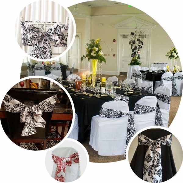 Polyester & Taffeta Sashes |  5 Pack 6″x108″ Black White Taffeta Damask Flocking Chair Tie Bow Sashes