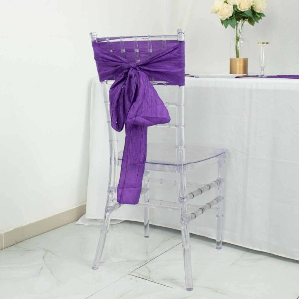 Polyester & Taffeta Sashes |  5 Pack Purple Accordion Crinkle Taffeta Chair Sashes – 6″x106″