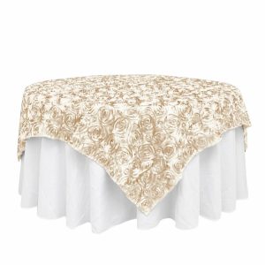 Rosette |  72″x72″ Beige 3D Rosette Satin Table Overlay, Square Tablecloth Topper