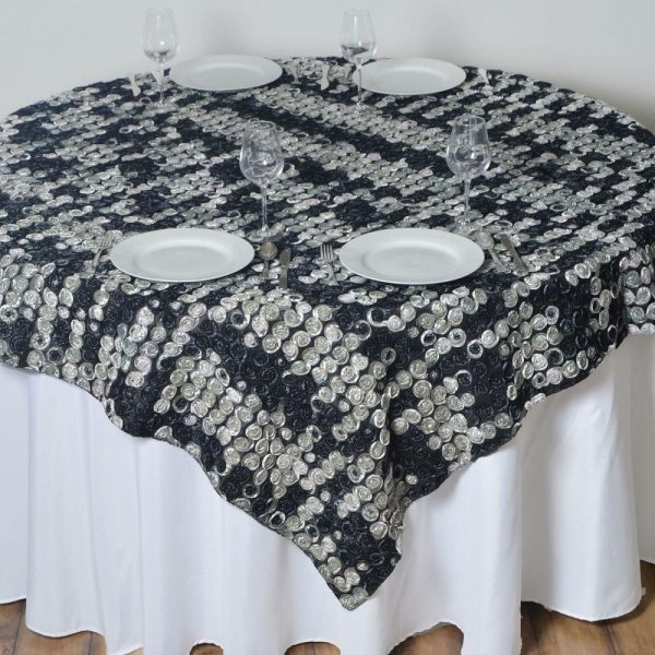 Rosette |  72″x72″ Black 3D Mini Rosette Satin Square Table Overlay