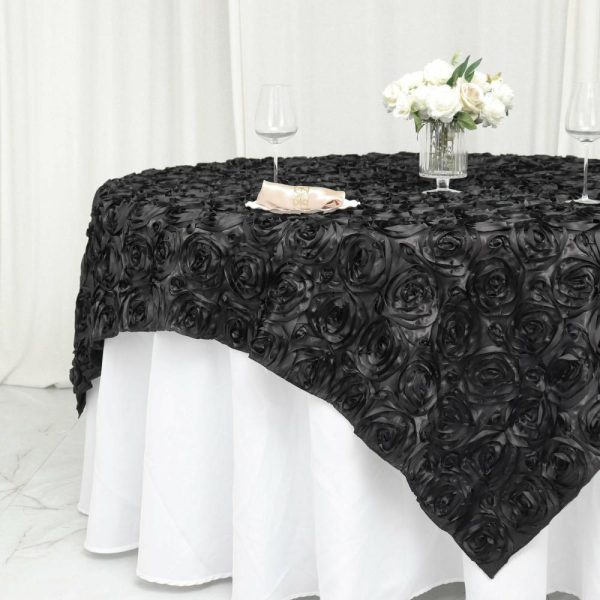 Rosette |  72″x72″ Black 3D Rosette Satin Square Table Overlay