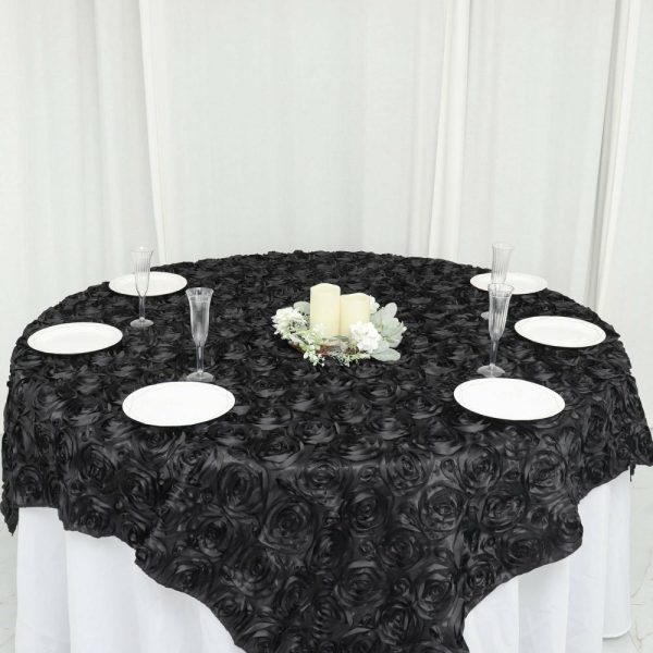 Rosette |  72″x72″ Black 3D Rosette Satin Square Table Overlay