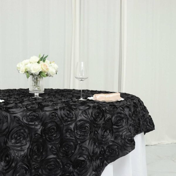 Rosette |  72″x72″ Black 3D Rosette Satin Square Table Overlay