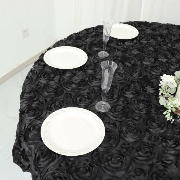 Rosette |  72″x72″ Black 3D Rosette Satin Square Table Overlay