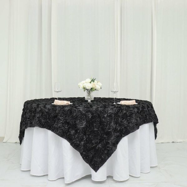 Rosette |  72″x72″ Black 3D Rosette Satin Square Table Overlay