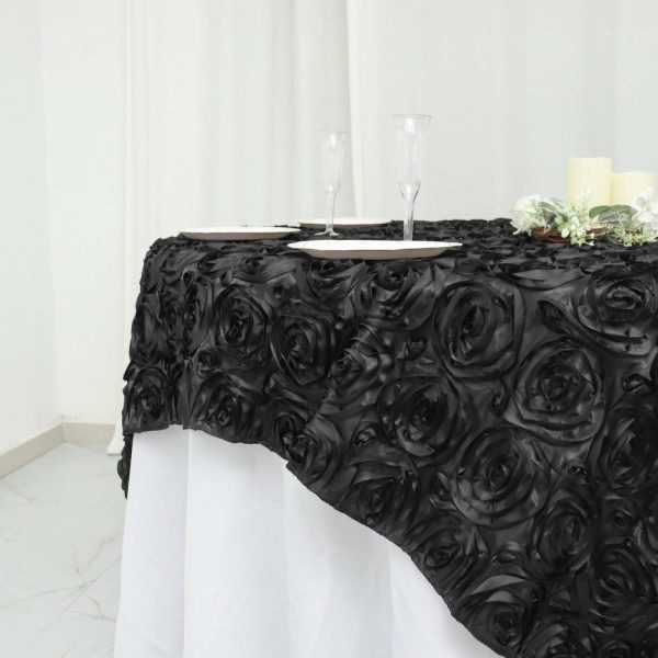 Rosette |  72″x72″ Black 3D Rosette Satin Square Table Overlay