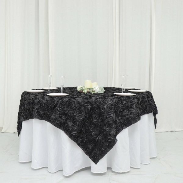 Rosette |  72″x72″ Black 3D Rosette Satin Square Table Overlay