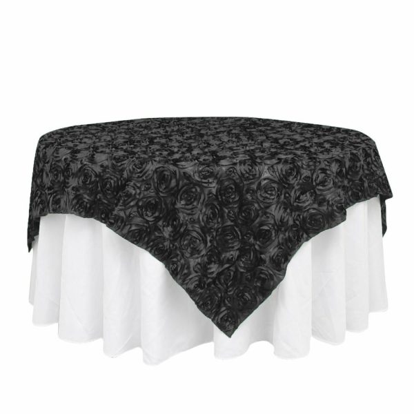 Rosette |  72″x72″ Black 3D Rosette Satin Square Table Overlay