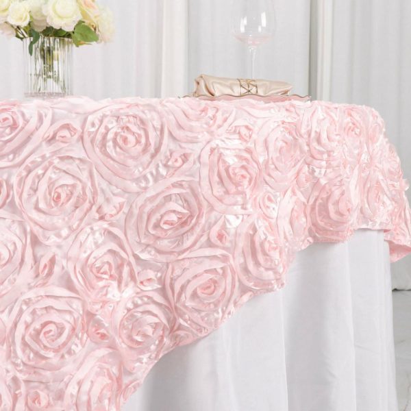 Rosette |  72″x72″ Blush 3D Rosette Satin Square Table Overlay