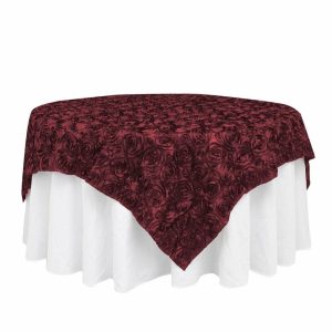 Rosette |  72″x72″ Burgundy 3D Rosette Satin Square Table Overlay