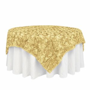 Rosette |  72″x72″ Champagne 3D Rosette Satin Square Table Overlay