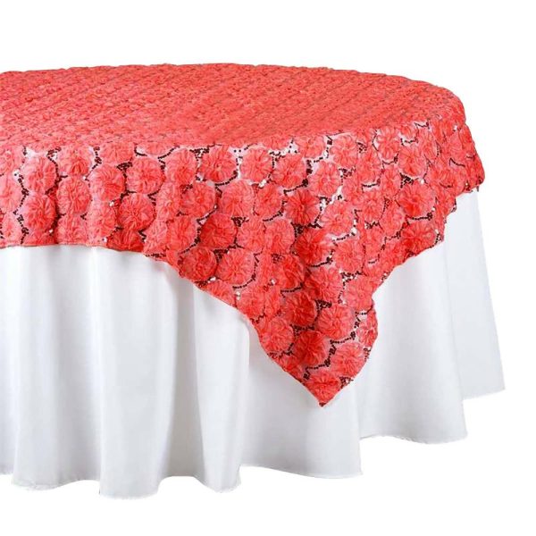 Rosette |  72″x72″ Coral Satin 3D Blossoms Sequin Lace Square Table Overlay – Clearance SALE