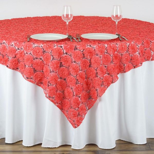 Rosette |  72″x72″ Coral Satin 3D Blossoms Sequin Lace Square Table Overlay – Clearance SALE