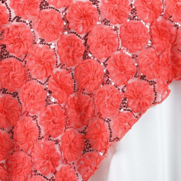 Rosette |  72″x72″ Coral Satin 3D Blossoms Sequin Lace Square Table Overlay – Clearance SALE