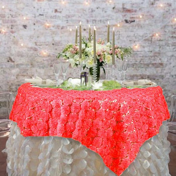 Rosette |  72″x72″ Coral Satin 3D Blossoms Sequin Lace Square Table Overlay – Clearance SALE