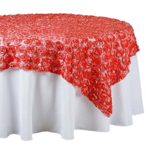 Rosette |  72″x72″ Coral Satin 3D Rosette Lace Square Table Overlay – Clearance SALE