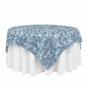 Rosette |  72″x72″ Dusty Blue 3D Rosette Satin Table Overlay, Square Tablecloth Topper