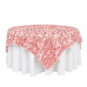 Rosette |  72″x72″ Dusty Rose 3D Rosette Satin Table Overlay, Square Tablecloth Topper