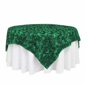 Rosette |  72″x72″ Hunter Emerald Green 3D Rosette Satin Table Overlay, Square Tablecloth Topper