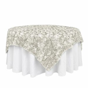 Rosette |  72″x72″ Ivory 3D Rosette Satin Square Table Overlay