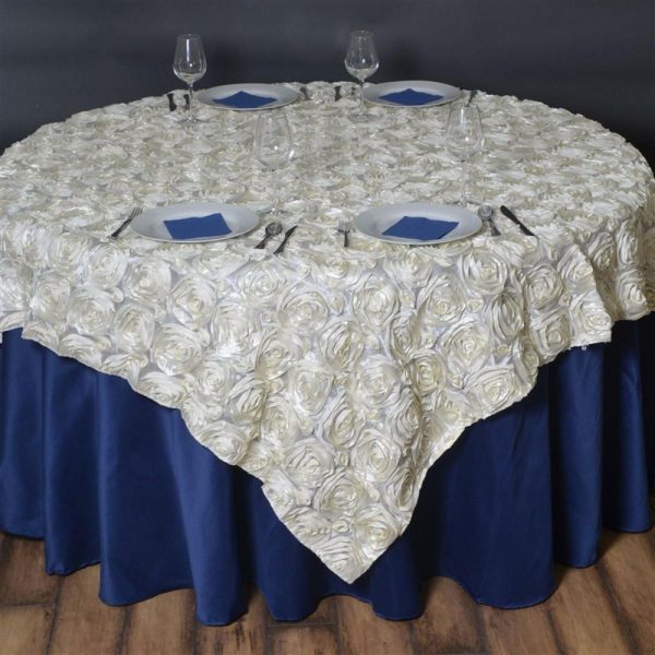 Rosette |  72″x72″ Ivory 3D Rosette Satin Square Table Overlay