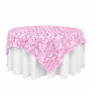 Rosette |  72″x72″ Pink 3D Rosette Satin Square Table Overlay