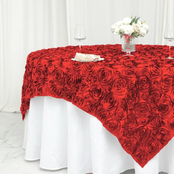 Rosette |  72″x72″ Red 3D Rosette Satin Square Table Overlay