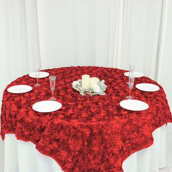 Rosette |  72″x72″ Red 3D Rosette Satin Square Table Overlay