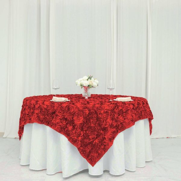 Rosette |  72″x72″ Red 3D Rosette Satin Square Table Overlay