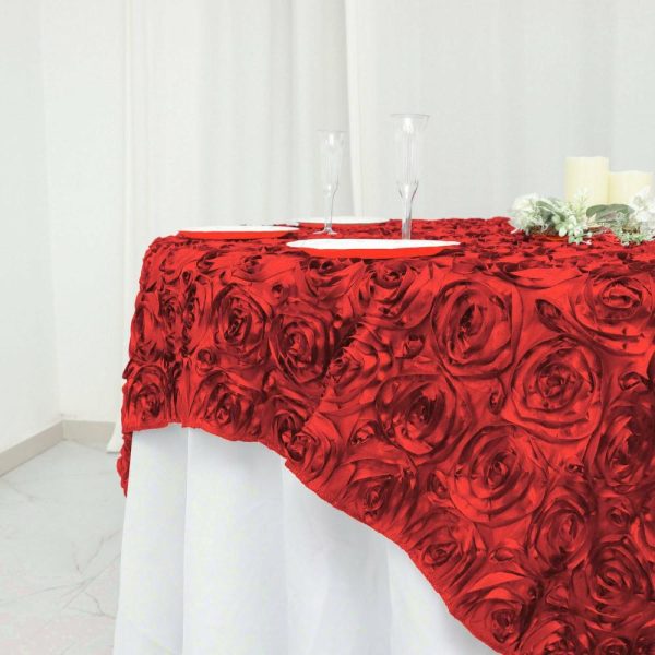 Rosette |  72″x72″ Red 3D Rosette Satin Square Table Overlay