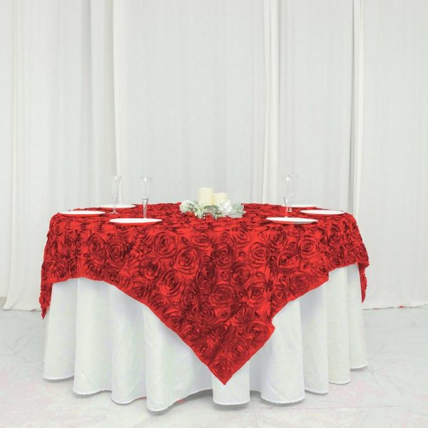 Rosette |  72″x72″ Red 3D Rosette Satin Square Table Overlay