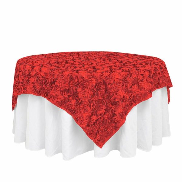 Rosette |  72″x72″ Red 3D Rosette Satin Square Table Overlay