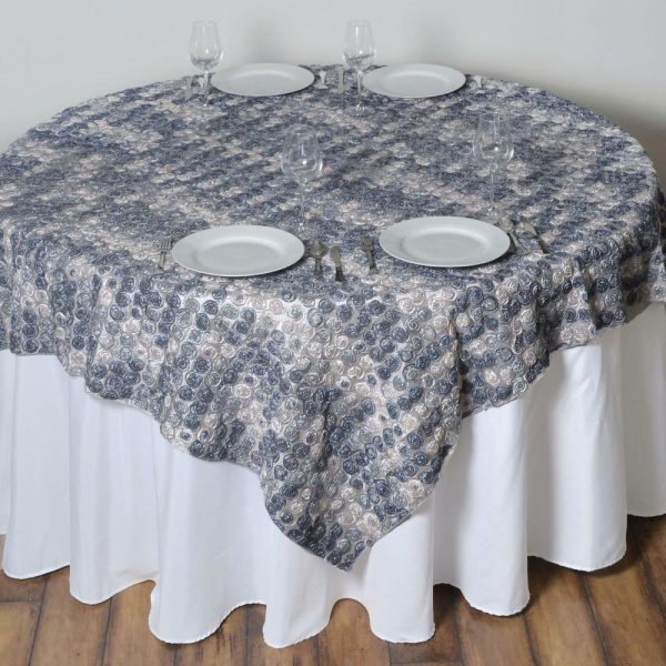 Rosette |  72″x72″ Silver 3D Mini Rosette Satin Square Table Overlay – Clearance SALE