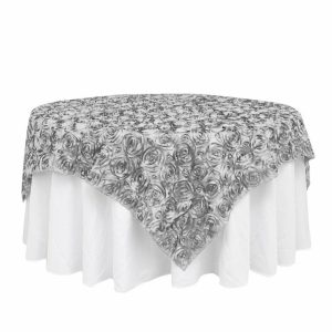 Rosette |  72″x72″ Silver 3D Rosette Satin Square Table Overlay