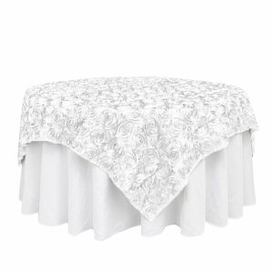 Rosette |  72″x72″ White 3D Rosette Satin Square Table Overlay