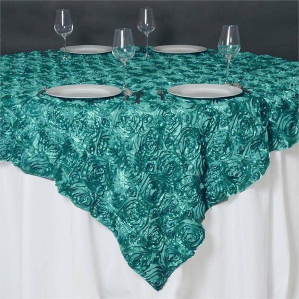 Rosette |  85″x85″ Turquoise 3D Rosette Satin Square Table Overlay