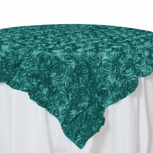 Rosette |  85″x85″ Turquoise 3D Rosette Satin Square Table Overlay