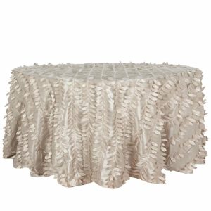 Rosette & Petals |  120″ Beige 3D Leaf Petal Taffeta Fabric Seamless Round Tablecloth for 5 Foot Table With Floor-Length Drop