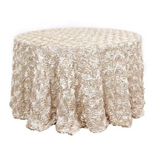 Rosette & Petals |  120″ Beige Seamless Grandiose 3D Rosette Satin Round Tablecloth for 5 Foot Table With Floor-Length Drop