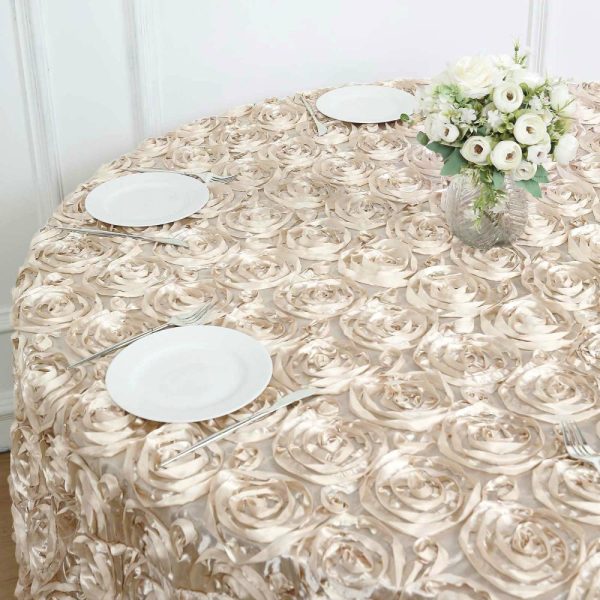 Rosette & Petals |  120″ Beige Seamless Grandiose 3D Rosette Satin Round Tablecloth for 5 Foot Table With Floor-Length Drop