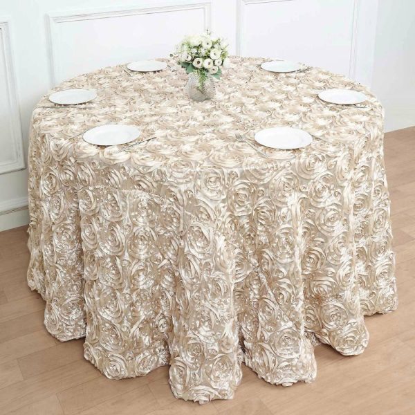 Rosette & Petals |  120″ Beige Seamless Grandiose 3D Rosette Satin Round Tablecloth for 5 Foot Table With Floor-Length Drop