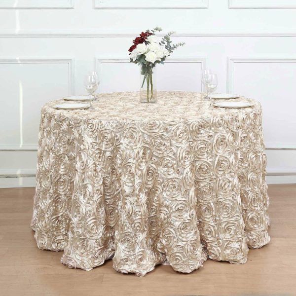 Rosette & Petals |  120″ Beige Seamless Grandiose 3D Rosette Satin Round Tablecloth for 5 Foot Table With Floor-Length Drop