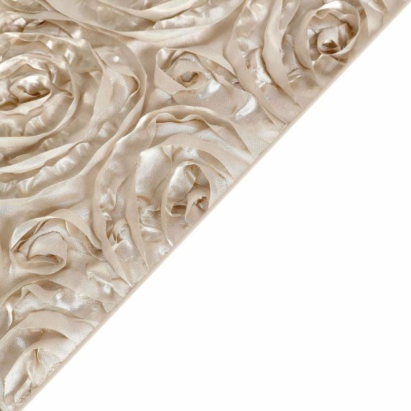 Rosette & Petals |  120″ Beige Seamless Grandiose 3D Rosette Satin Round Tablecloth for 5 Foot Table With Floor-Length Drop