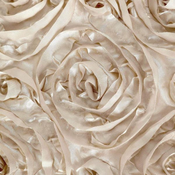 Rosette & Petals |  120″ Beige Seamless Grandiose 3D Rosette Satin Round Tablecloth for 5 Foot Table With Floor-Length Drop