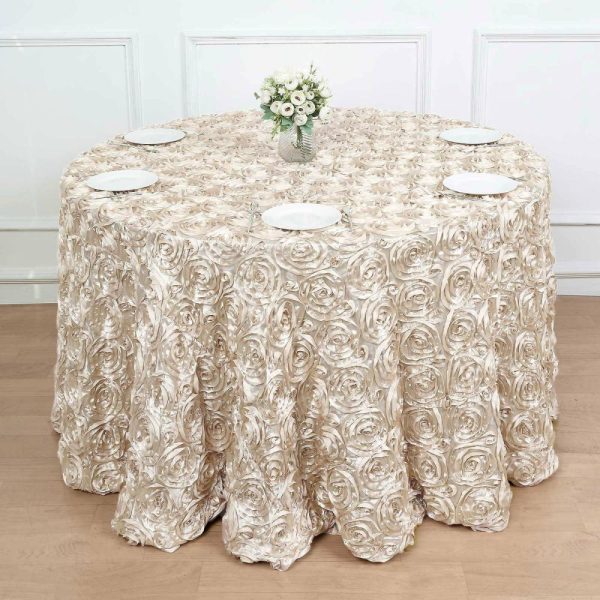 Rosette & Petals |  120″ Beige Seamless Grandiose 3D Rosette Satin Round Tablecloth for 5 Foot Table With Floor-Length Drop